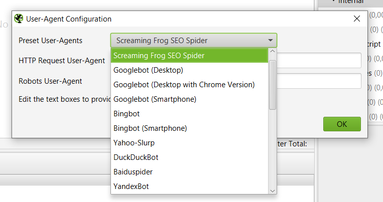 изменение user-agent в screaming frog