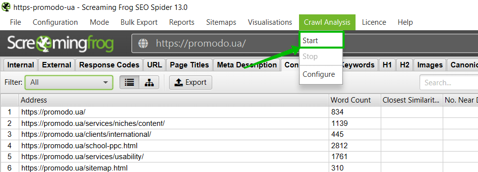 crawl analysis в seo spider