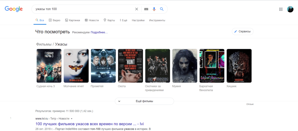 выдача google по запросу ужасы топ 100